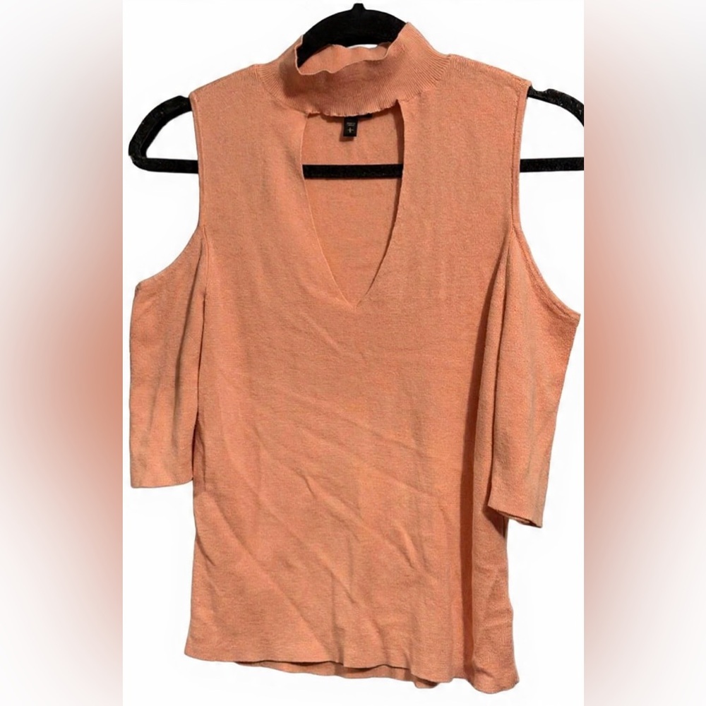 Express Sweater- Cold Shoulder 1/2 Sleeve Cut-Out Mock V-Neck Fitted Knit- L